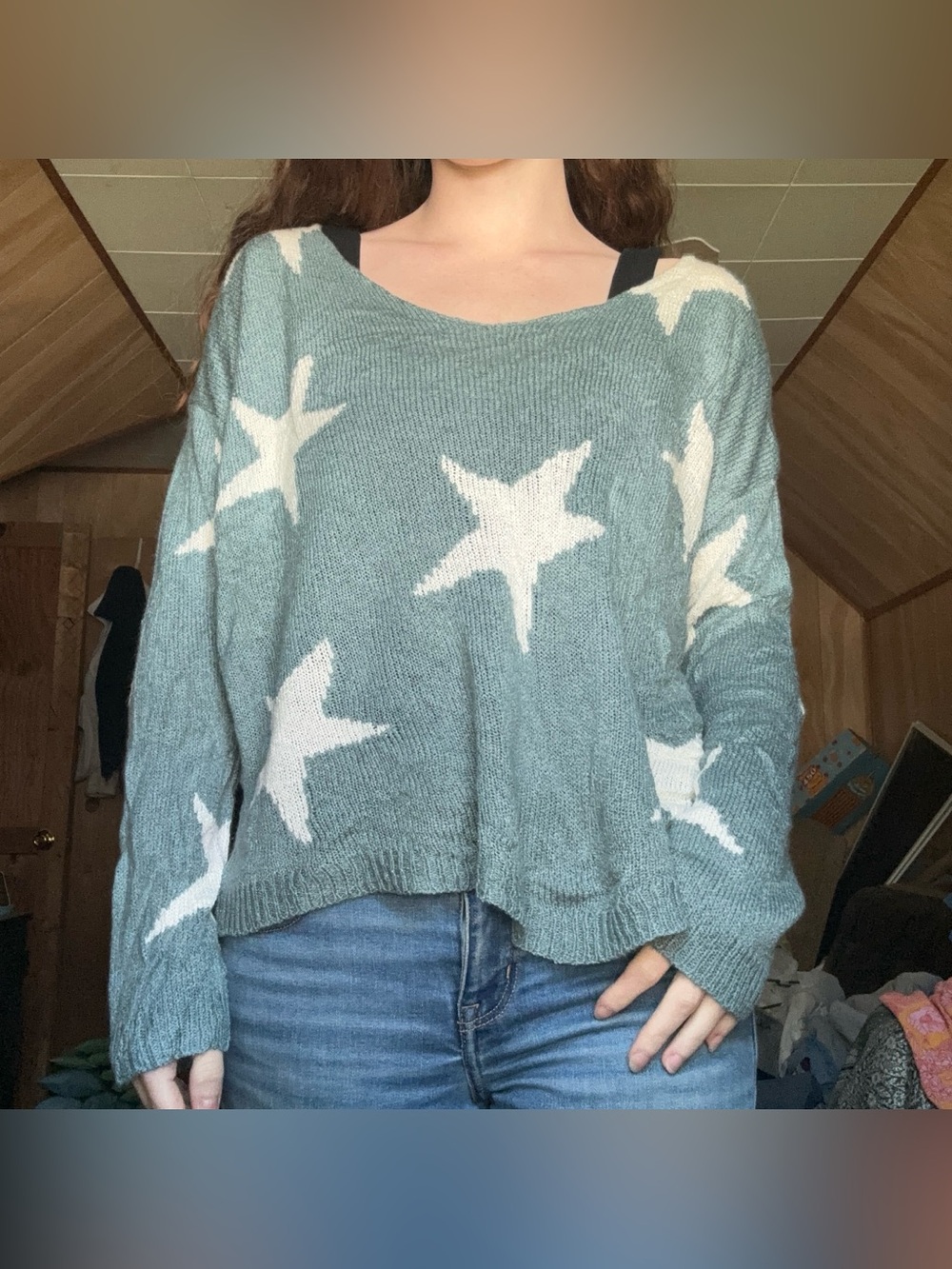 Slouchy Fit Round Neck White Star Print Pale Teal Long Sleeve Sweater